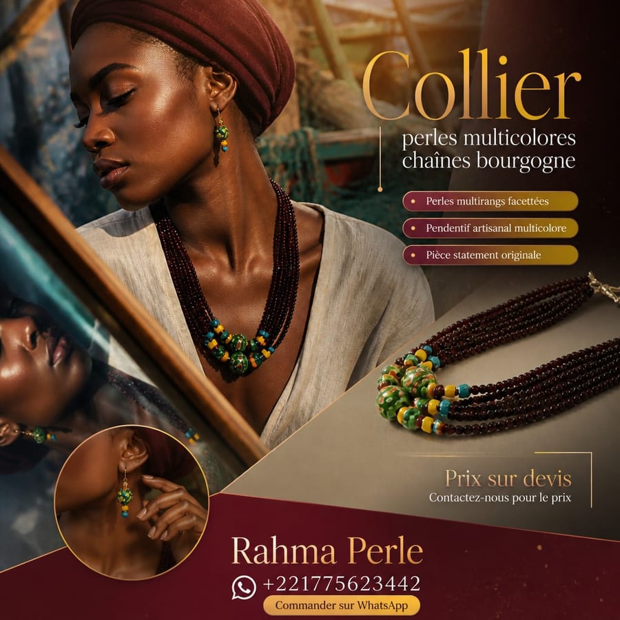 Affiche créée avec Jaarle : Collier perles multicolores chaînes bourgogne